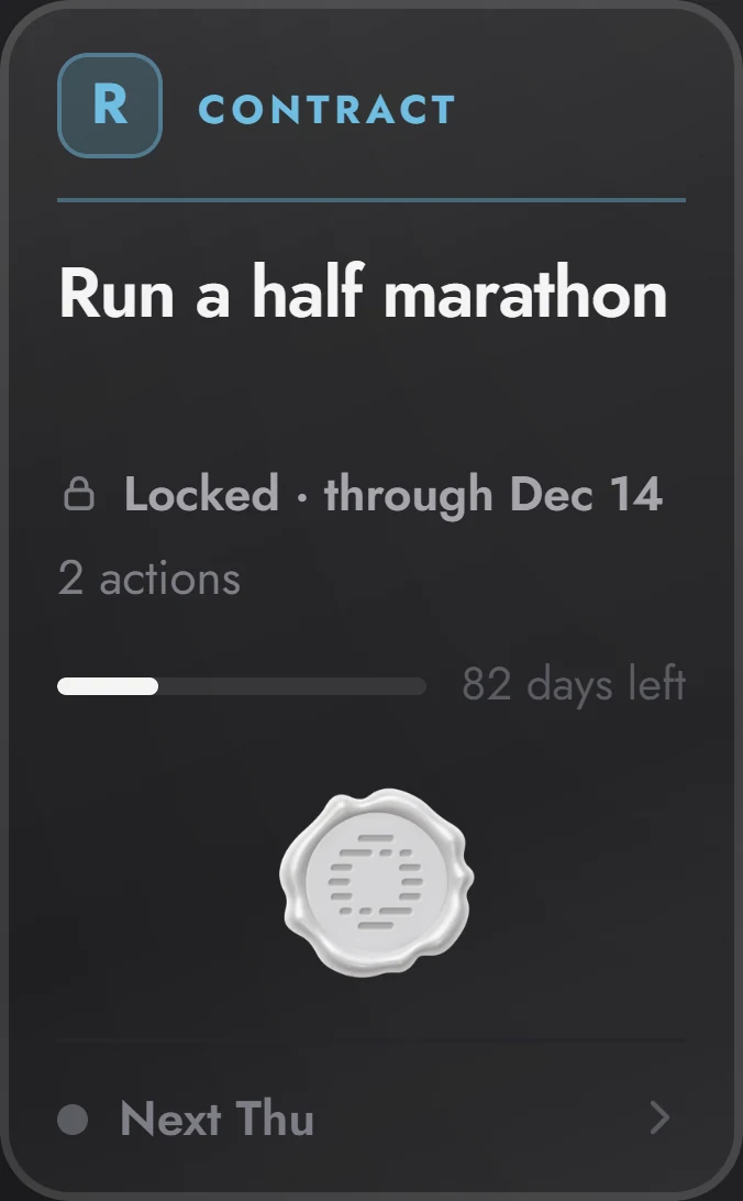 Run a half marathon: a contract card from Oathful's Contracts tab