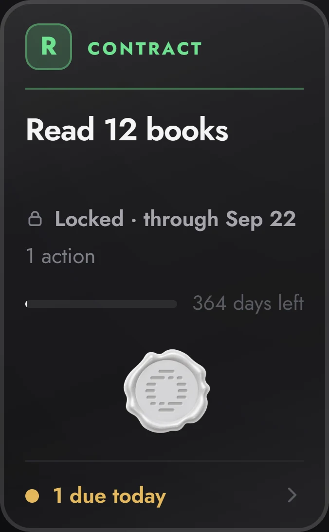 Read 12 books: a contract card from Oathful's Contracts tab
