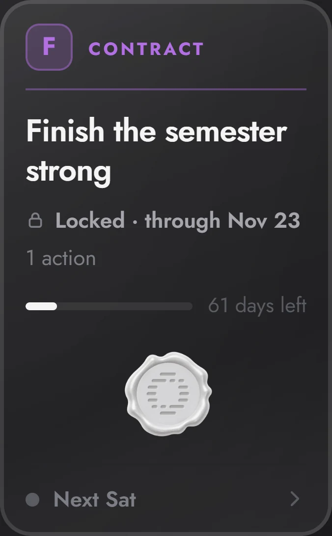 Finish the semester strong: a contract card from Oathful's Contracts tab