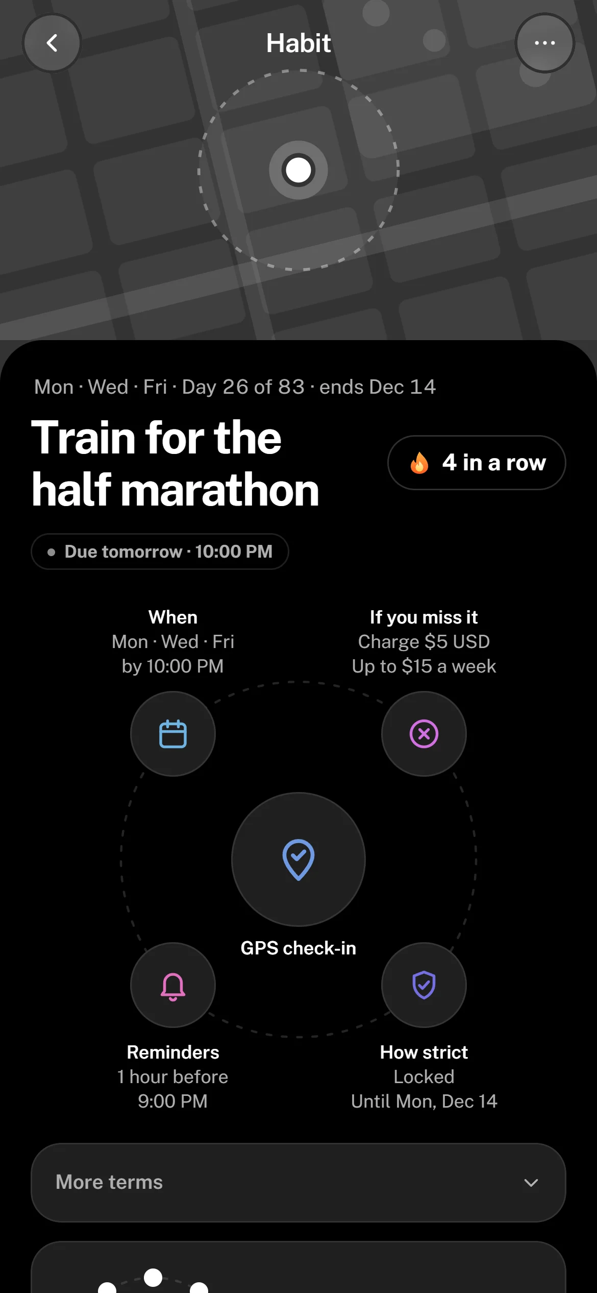 A Locked habit's page: Train for the half marathon, Mon, Wed and Fri, locked until Monday, December 14