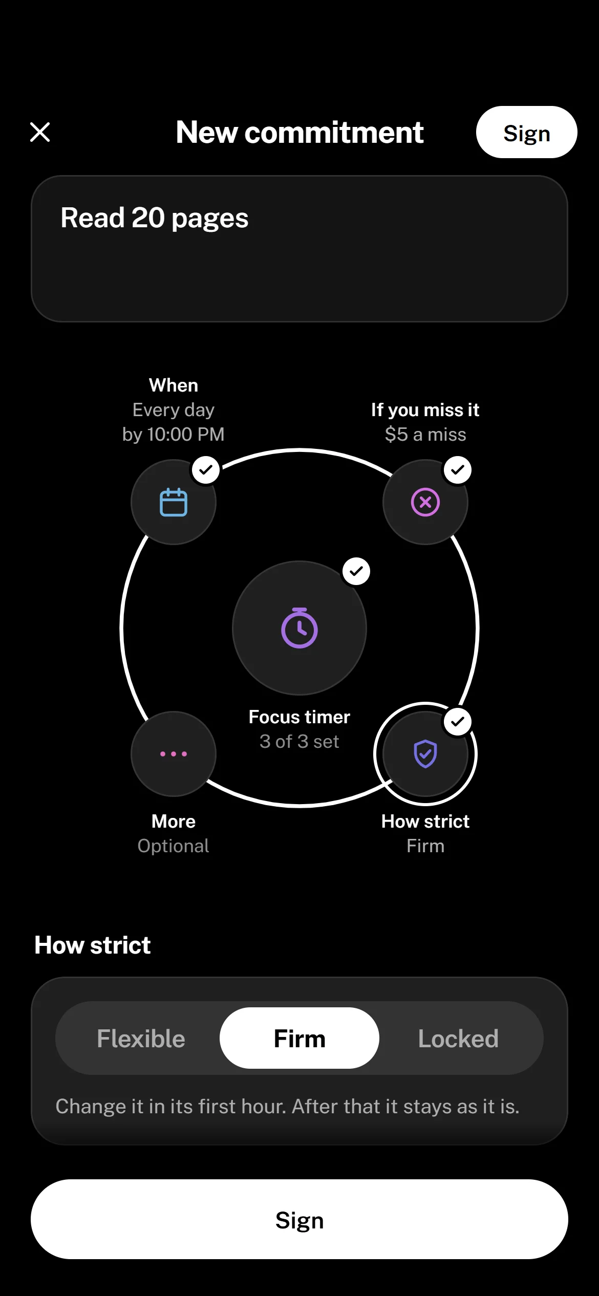 New commitment: Read 20 pages, with When, If you miss it, How strict and More round a focus timer
