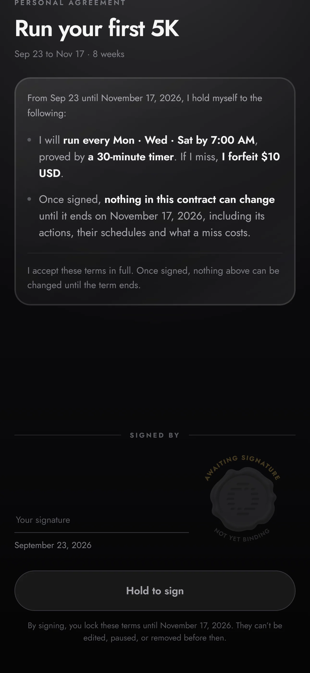 Oathful's sign screen for the contract Run your first 5K, awaiting a signature