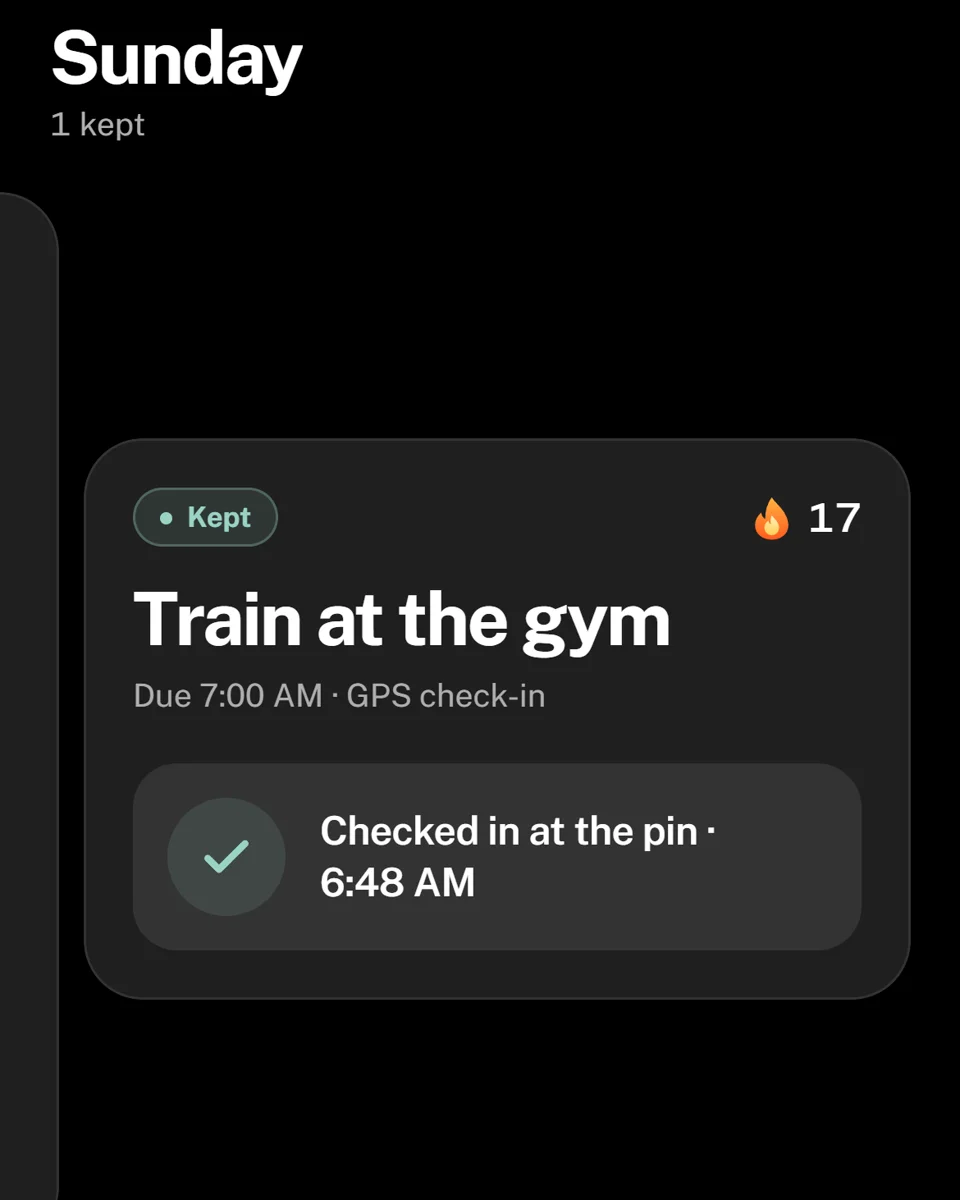 Oathful's Today screen: Train at the gym, kept, checked in at the pin at 6:48 AM